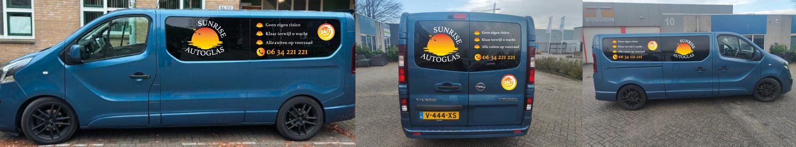 Sunrise Autoglas service bus met branding – Opel Vivaro blauw